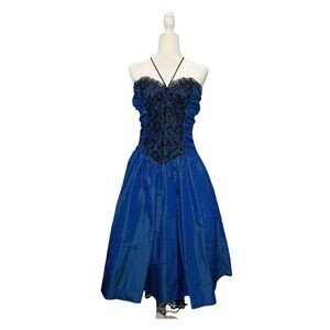 Gunne Sax Blue and Black Lace Midi Dress